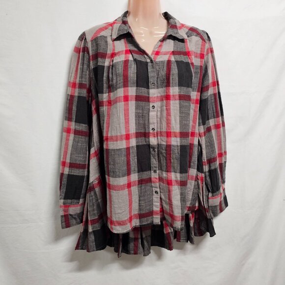 Free People Peppy Plaid Boho Top Oversized Shirt Women Size S Cotton - Picture 2 of 12